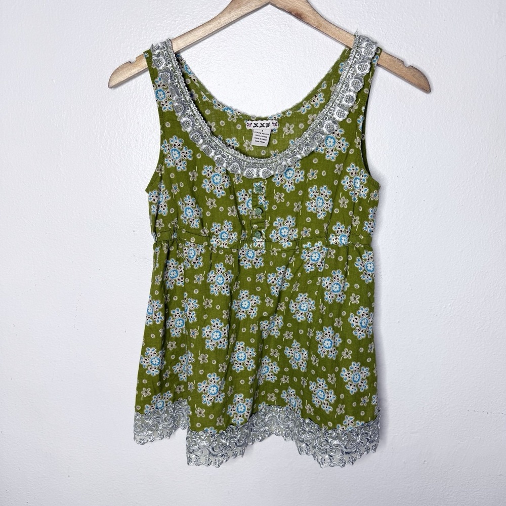 Y2K Forever 21 Green Floral Cotton Tank Top Lace Trim Fairycore Women's Small